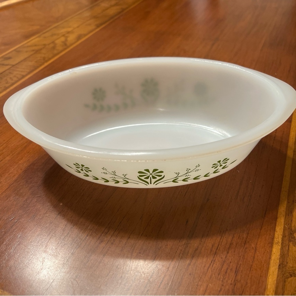 Pyrex Glasbake 1 Quart Casserole Dish J235 1979 Green Daisy Floral Milk Leaves - Picture 2 of 7